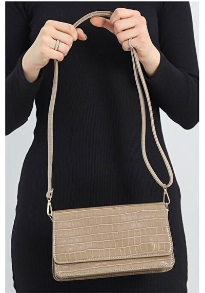 Lovelystore Kroko Desenli 3 Gözlü Günlük Kadın Mini El & Omuz Çantası 24x12 VİZON