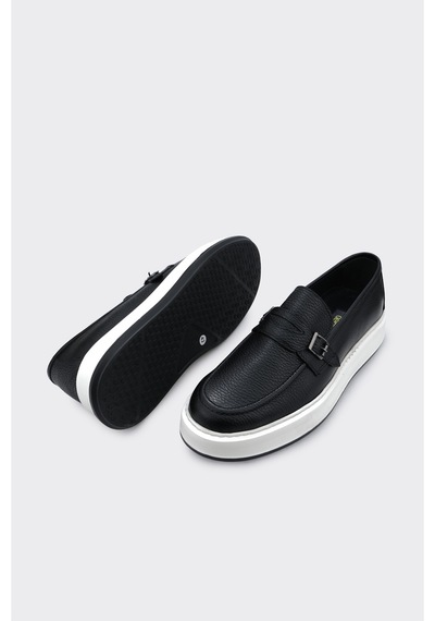 Derinet Comfort Taban Hakiki Deri Tokalı Erkek Loafer Siyah Siyah