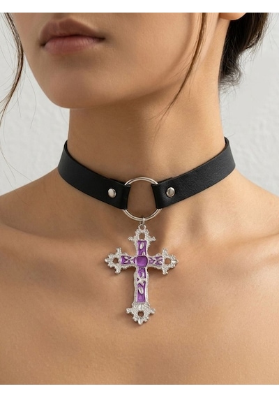 Mor Haç Detaylı Choker Kolye Kadın Gotik Boyunluk Kolye Punk Alternatif Moda Aksesuarı Ayarlanabilir Yaka Kolyesi