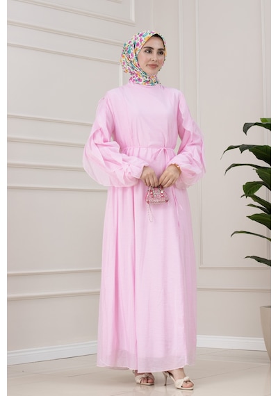 Sevitli Kolları Fırfır Detaylı Simay Elbise-pembe-5793