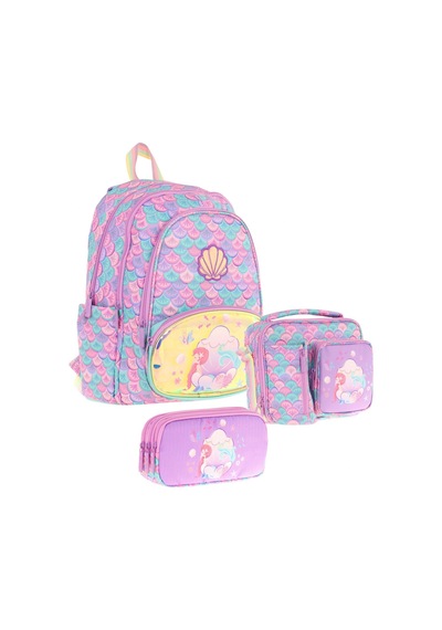 Kaukko Kids Kız Çocuklara Özel Pembe Yeşil - Denizkızı Nakışlı Ve Baskılı Üçlü Okul Çantası Seti Pembe - Yeşil
