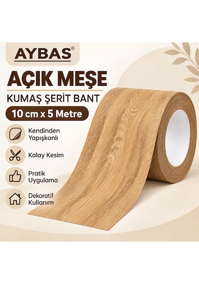 Aybas 10 Cm X 5 Metre Açık Meşe Ahşap Desenli Kumaş Yapışkan Bant Mobilya Kaplama Ve Tamir Şeridi