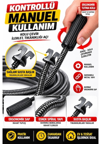 9 Mm 20 Metre Susta Kanal Açıcı Spiral Manuel Gider Açma Teli, Lavabo Mutfak Banyo Tıkanıklık Aç