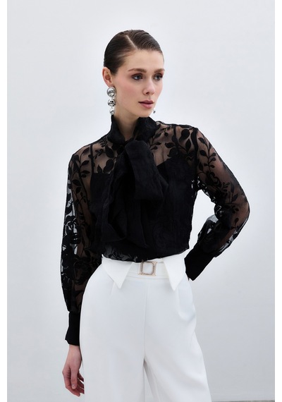 Sateen Fularlı Çiçek Desenli Gömlek - Siyah-136009 Siyah