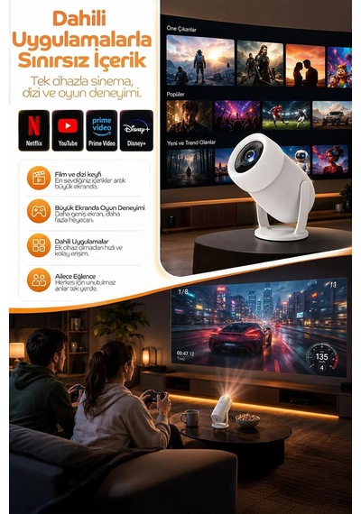 Taşınabilir 4k Android Projektör Wifi Bluetooth Destekli Akıllı Sinema Projeksiyon Cihazı Ekran Yansıtma