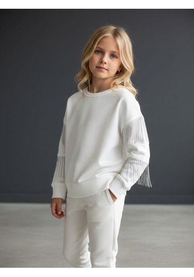 Kız Çocuk Yüzde Yüz Pamuklu İki İplik Zincir Detaylı Sweatshirt-16698 Ekru