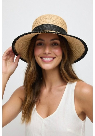 Mollycrush Kadın Siyah Bantlı Dikiş Detaylı Hasır Fötr Şapka Yazlık Geniş Kenarlı Trend Plaj Modası Siyah