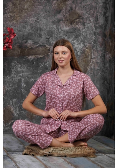 Yazlık Çiçekli Pembe Kısa Kol Pijama Takımı Yeni Sezon SOMON