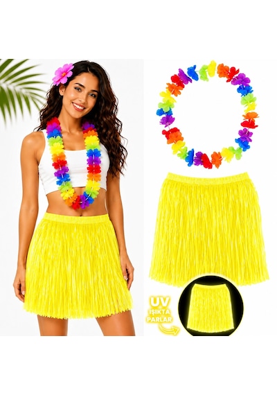 Neon Sarı Hawaii Etek 40 Cm Ve Rengarenk Hawaii Kolye 5477 "