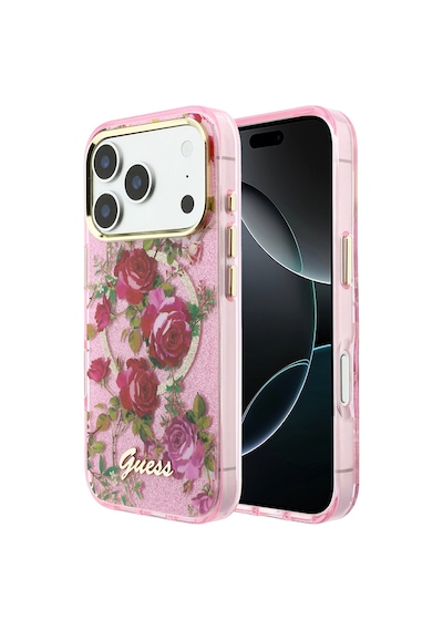 Apple iPhone 18 Pro Uyumlu Kılıf Guess Lisanslı M-safeli Gül Desenli Simli Yazı Logolu Kapak Pembe