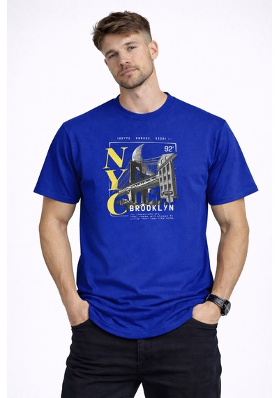 Herkesemoda Nyc Brooklyn Detaylı Basic T-shirt Mavi