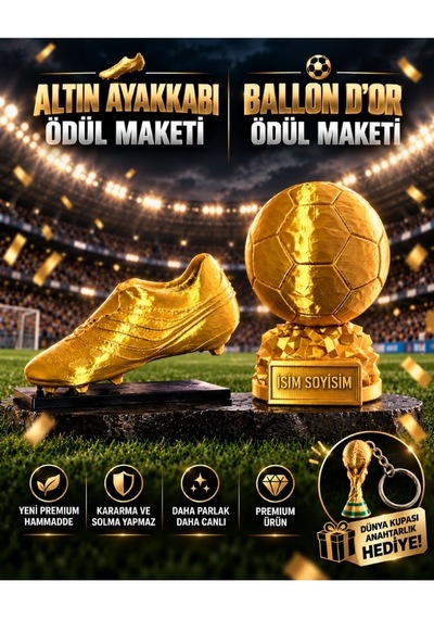 Altın Ayakkabı Ve Ballon D'or İsime Özel Futbol Ödülü Maketi Seti Dünya Kupası Anahtarlık Hediyeli 20cm