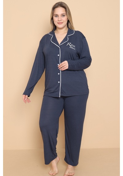Wordex Mirano 4400 Polyviscon Kumaş Kısa Kollu Düğmeli Büyük Beden Kadın Pijama Takımı Lacivert Wordex Mirano 4400 Polyviscon Kumaş Kısa Kollu Düğmeli Büyük Beden Kadın Pijama Takımı Lacivert