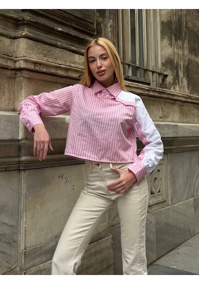 Mamayaga Kadın Özel Tasarım Yaka Kol Düğmeli Çizgi Garnili Crop Boy Tesettüre Uygun Bluz Gömlek Pudra