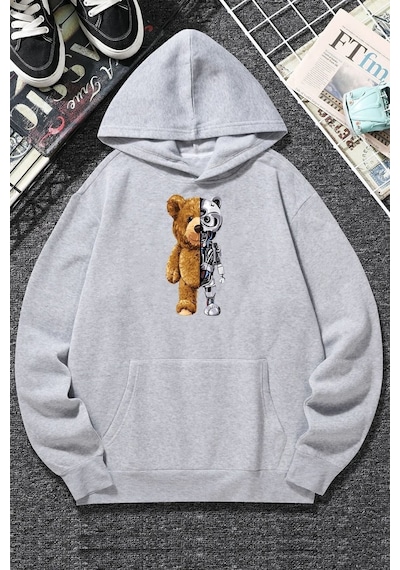 Uyguntarz Unisex Boys Bear Baskılı Sweatshirt Gri