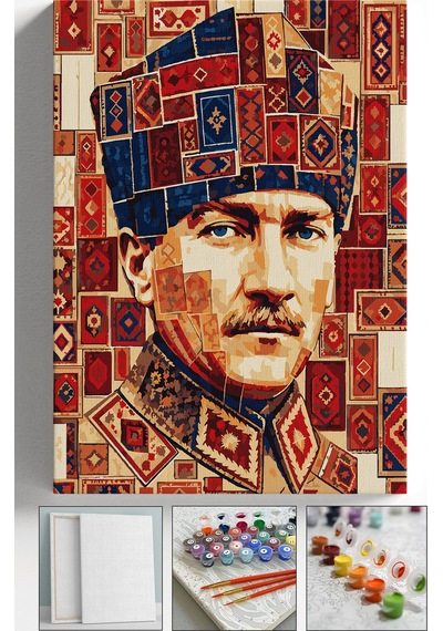 Sayılarla Boyama Hobi Seti Çerçeveli Numaralı Tuval Fırça Boya Askı Aparatı Dahil 40x50 Cm - Motifli Atatürk Portresi