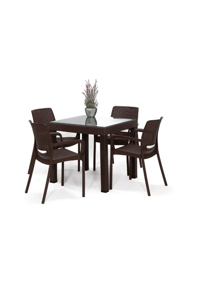 Rattan Small Lüx Camlı Kahve Masa Takımı Bahçe&balkon 1 Camlı Masa 4 Sandalye Kahverengi