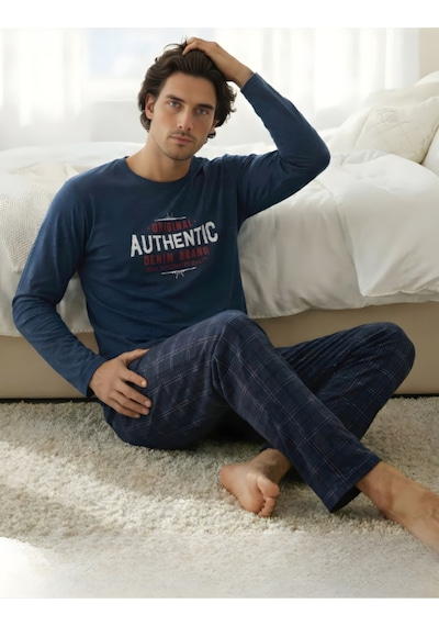 Erkek Uzun Kollu Ekoseli Baskılı Pijama Takım Lacivert