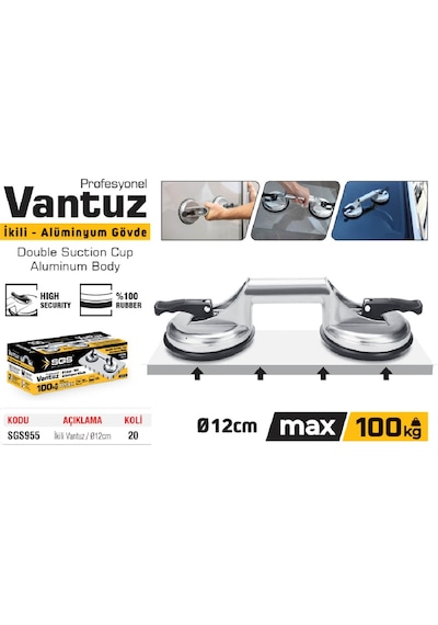 Sgs955 - 100 Kg İkili Alüminyum Cam Seramik Fayans Ahşap Tutma Taşıma Vantuzu 12cm + 12cm