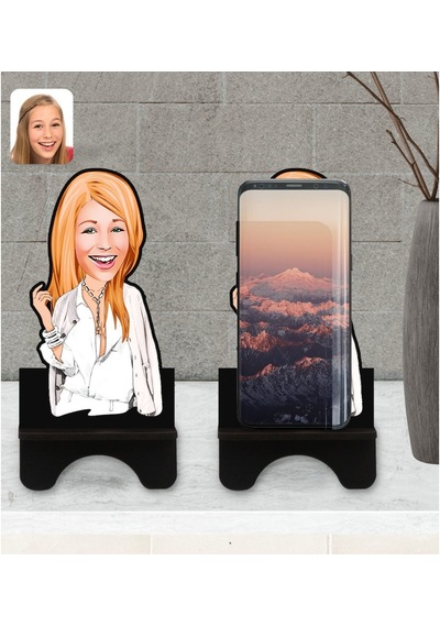 Kişiye Özel Kadın Model Karikatürlü Ahşap Biblo Telefon Standı-2