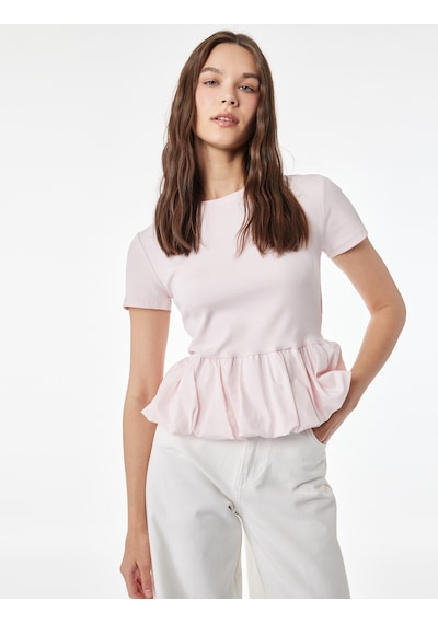 Koton Slim Fit Kısa Kollu Bisiklet Yaka Balon Peplum Tişört Pembe 6sal10578ık Gül
