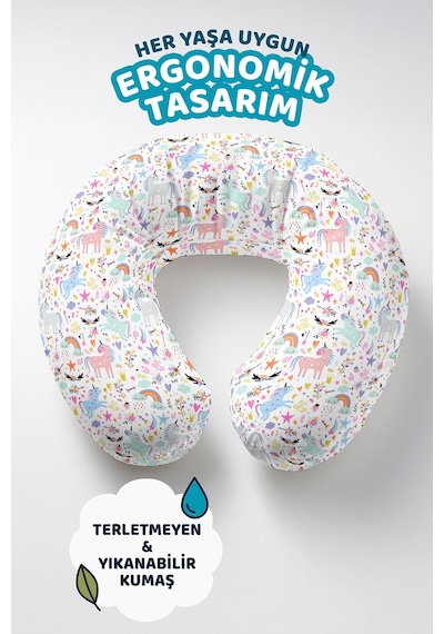 Renkli Unicorn Desenli Pamuklu Boyun Yastığı - Pastel Masalsı Figürler Pembe Mavi Seyahat Yastığı Çok Renkli