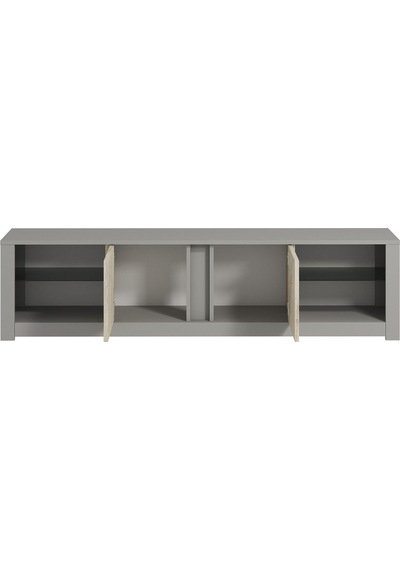 Aydos LED Işıklı Modern TV Sehpası – Cam Raflı, 2 Kapaklı, 180 cm, Gri/Traverten