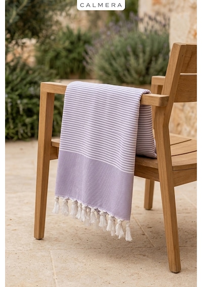 Calmera Çizgili Peştemal Pamuk - Doğal Saçaklı Plaj, Deniz, Havuz, Spa, Sauna, Spor, Seyahat Havlu - Lila