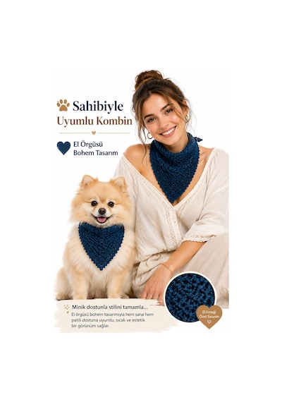 Kadın Ve Köpek Kombin Bandana El Örgüsü Bohem Stil Uyumlu Anne Köpek Bandanası Ayarlanabilir Tasarım Lacivert