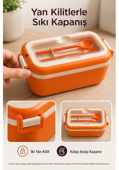 Turuncu 3 Bölmeli Çocuk Beslenme Kutusu Kaşık Çatal Dahil Kilitli Kapaklı Taşıma Saplı Lunch Box Diğer