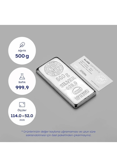 Nadir 500 Gram 999,9 Saf Külçe Gümüş 500 Gr Yatırımlık Gümüş
