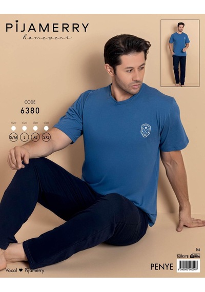 Pijamerry Erkek Bisiklet Yaka Kısa Kol Penye Pijama Takımı 6380 - 1 Adet Mavi