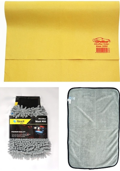 Polikur 3224 Güderi Oto Kurulama Bezi & Spark 7050 Oto Eldiveni & Spark 2315 Havlu Bez 3'lü Set