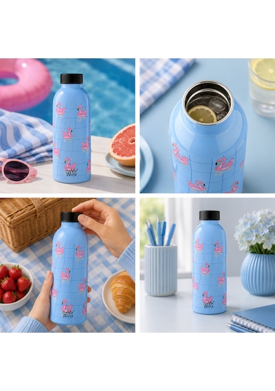 Mamawata Flamingos Paslanmaz Çelik Termos Matara 470 Ml Sızdırmaz Yalıtımlı Suluk Açık Mavi