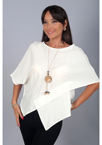 By Saygı Kadın Asimetrik Kesim Cotton Pelerin Bluz Ekru