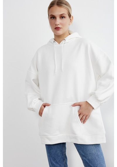 Meecy Kadın Beyaz Kapüşonlu Kanguru Cepli Sweatshirt Beyaz Beyaz