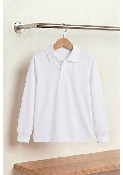 Nacar Store Unisex Çocuk Uzun Kollu Polo Yaka Lakost Okul Tişörtü Beyaz