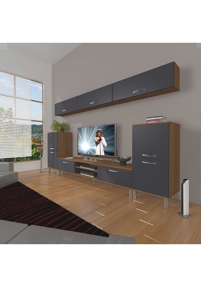 Decoraktiv Eko 9 Mdf Dvd Krom Ayaklı Tv Ünitesi Tv Sehpası Ceviz - Antrasit