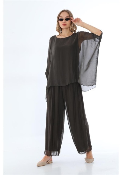 Bohem Stil İtalyan Yarasa Kol İpek Bluz & Pantolon Takım-8767 Kahverengi