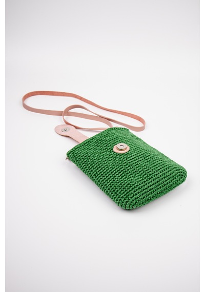 Fabric Craft Bag Çapraz Askılı Kadın Omuz Çantası Floş İplik Örgü Küçük Çanta Yeşil - Pembe