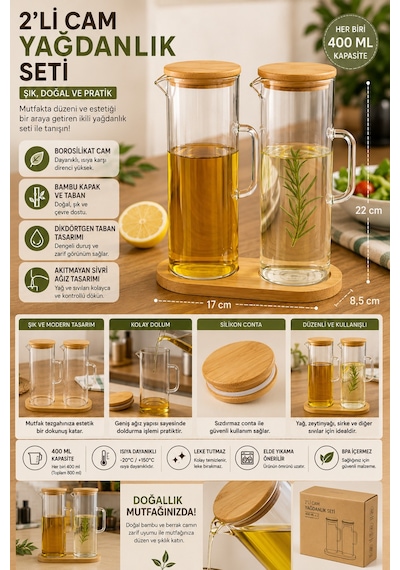 2 Li 400 Ml Cam Yağdanlık Seti Bambu Kapaklı Ve Bambu Atlıklı, Borosilikat Cam Beyaz