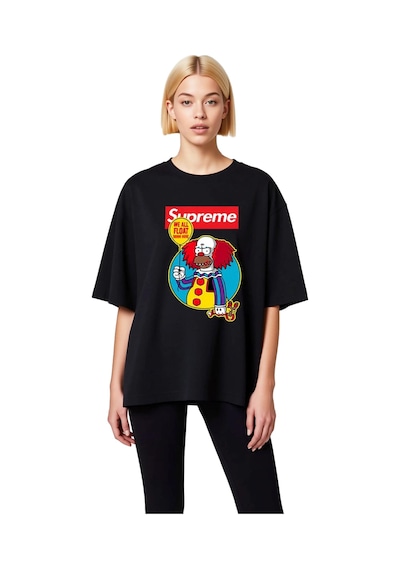 Paybuy Kadın Oversize Grafik Baskılı Kısa Kollu Tişört Karikatür Karakte Siyah