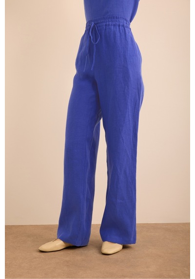 Aker Beli Lastikli Keten Pantolon Mavi Mavi