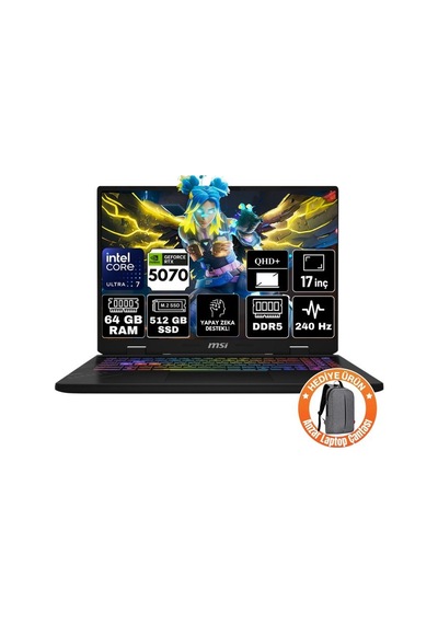 MSI Crosshaır 17 Hx Aı D2xwgkg-018xtr-a76 Ultra 7-255HX 64 GB 512 GB SSD RTX5070 17" W11P Dizüstü Bilgisayar