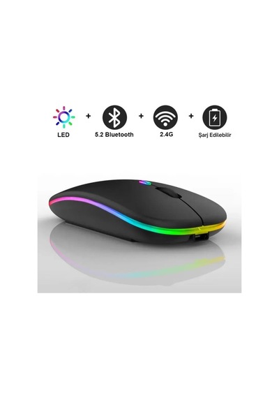 Polham Şarjlı Rgb Işıklı Çift Modlu Kablosuz Mouse, Laptop, Tablet, Telefon, Tv Uyumlu Mouse Süper Sessiz