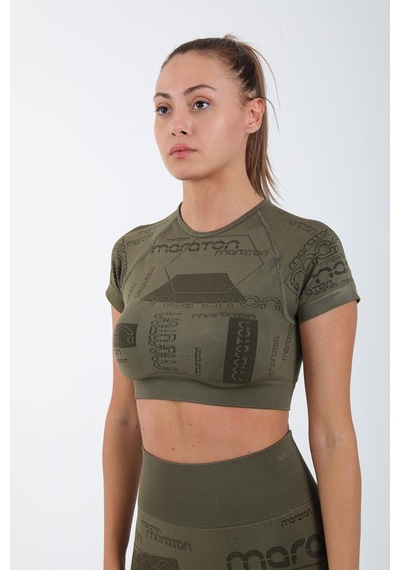 Maraton Active Slimfit Kadın Bisiklet Yaka Kısa Kol Koşu Haki Crop Top 811037 Haki