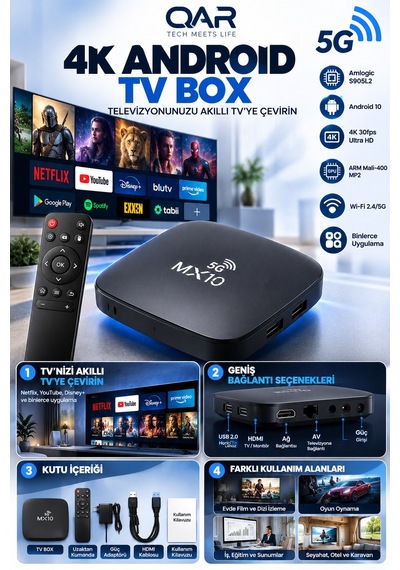 Mx10-5g Android Tv Box 4k Ultra Hd Wi-fi Hdmı Usb Ethernet Bağlantılı Akıllı Tv Kutusu Medya Oynatıcı