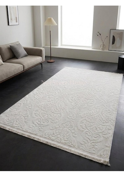 Rölyef Saçaklı Krem Joy Modern Yumuşak Dokulu Kabartmalı Kaymaz Taban Kesme Halı Yolluk Krem1