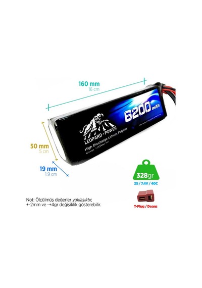 Leopard Power 6200 mAh 7.4V 2S 40C Lityum Polimer Lipo Batarya Pil T Plug