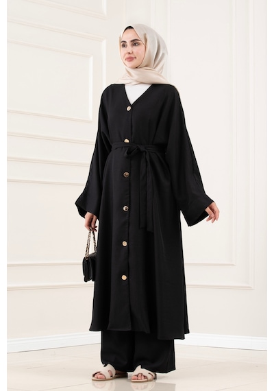 Sevitli Düğmeli Davin Abaya İkili Takım-siyah-5979